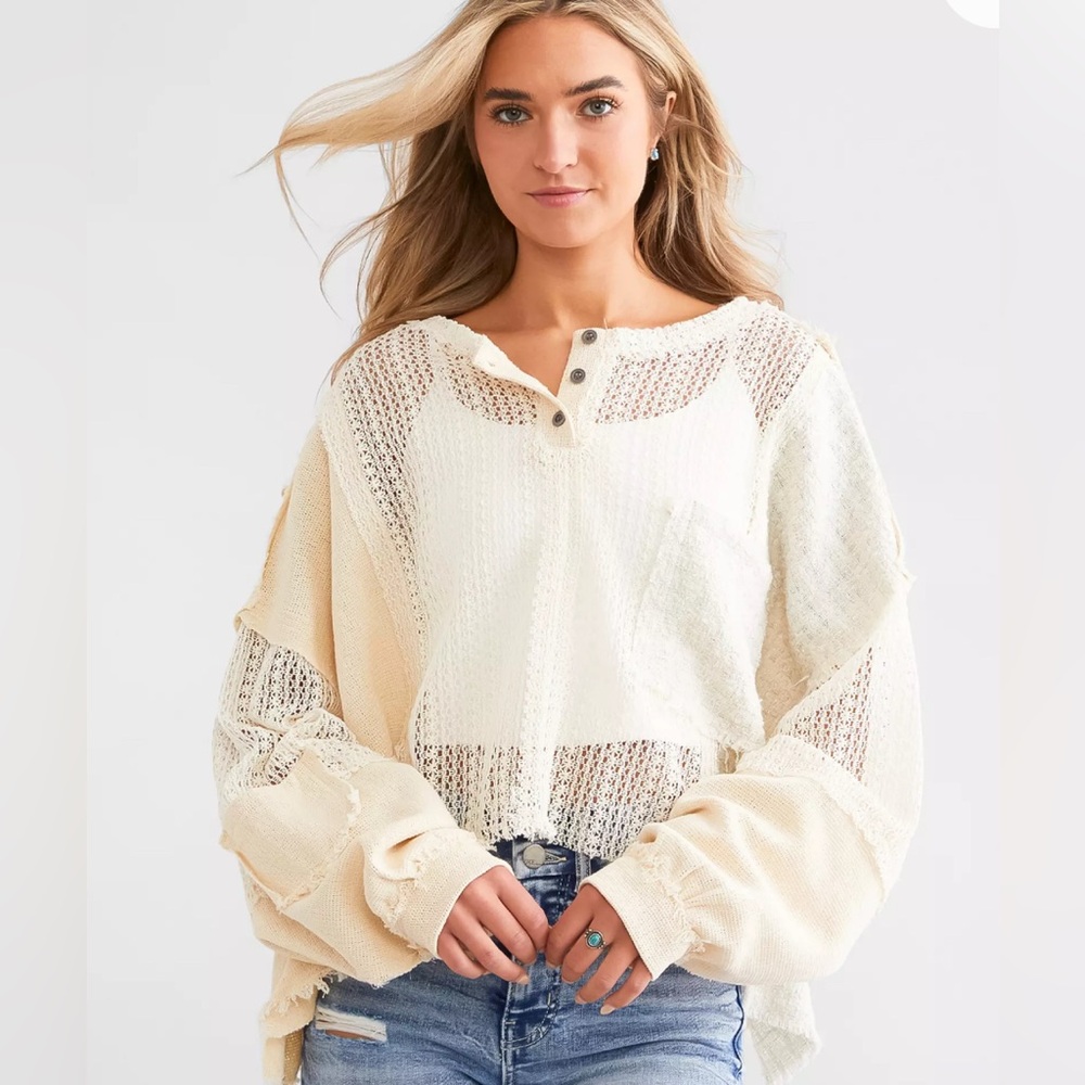 POL Mixed Open Weave Cropped Henley Women's Wool Blend Metallic Patchwork Sz L